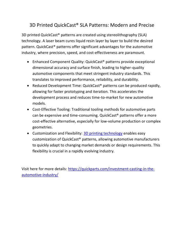 PPT - 3D Printed QuickCast® SLA Patterns Modern and Precise PowerPoint Presentation - ID:14003630